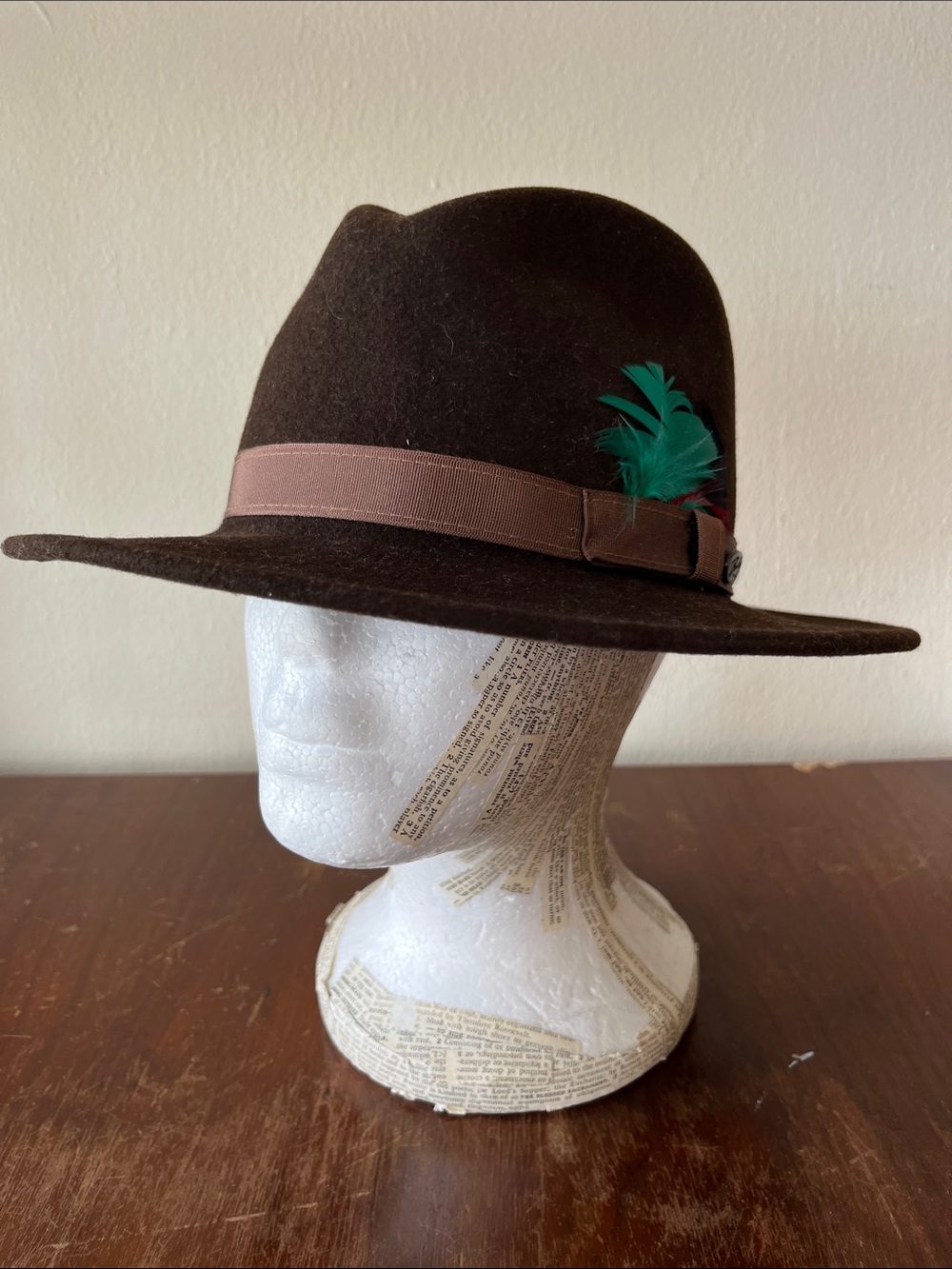 Vintage Classic Brown Wool Fedora by Bailey of Hollywood w/ Feather on Band